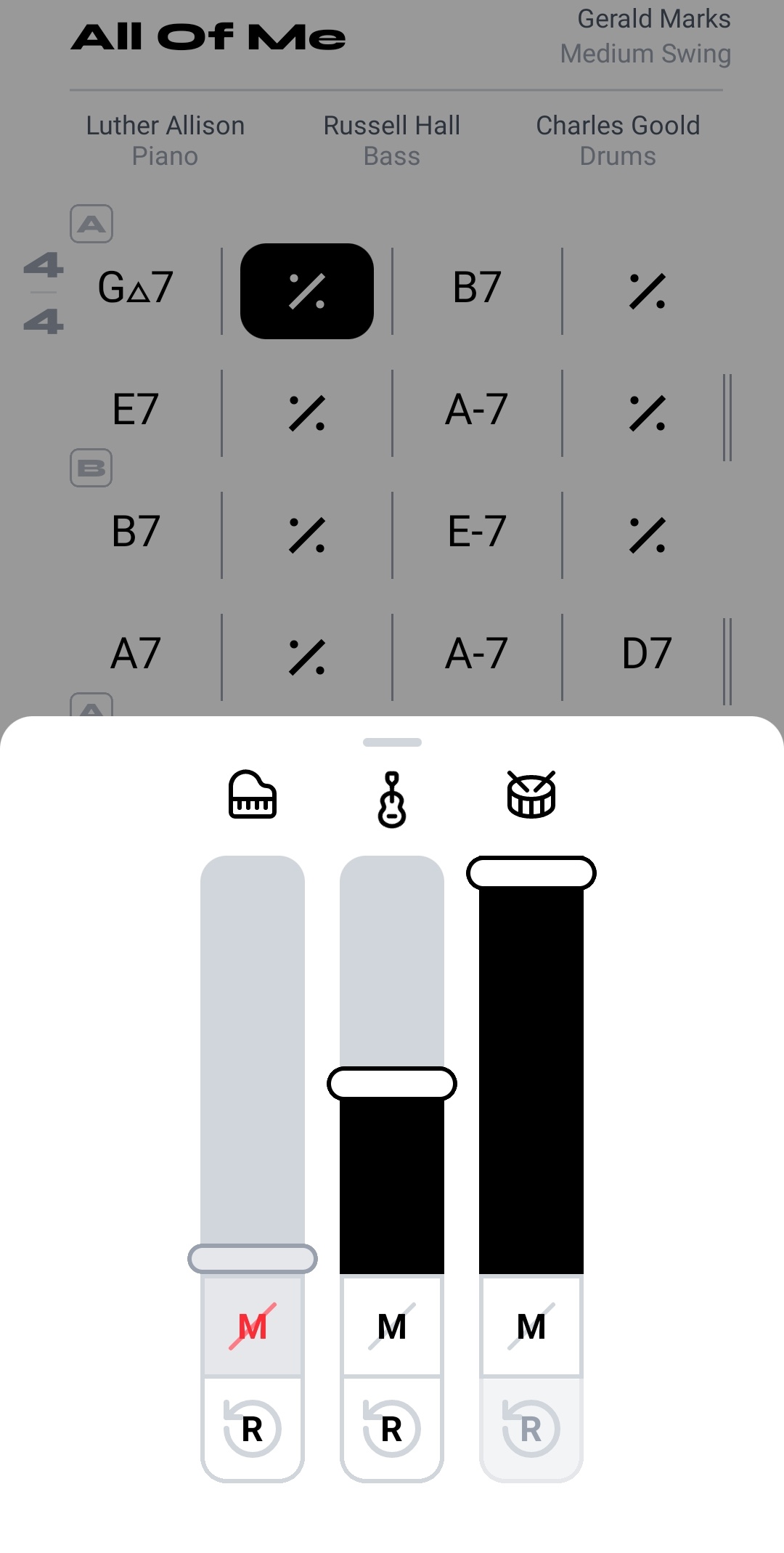 Mixer controls for individual instruments