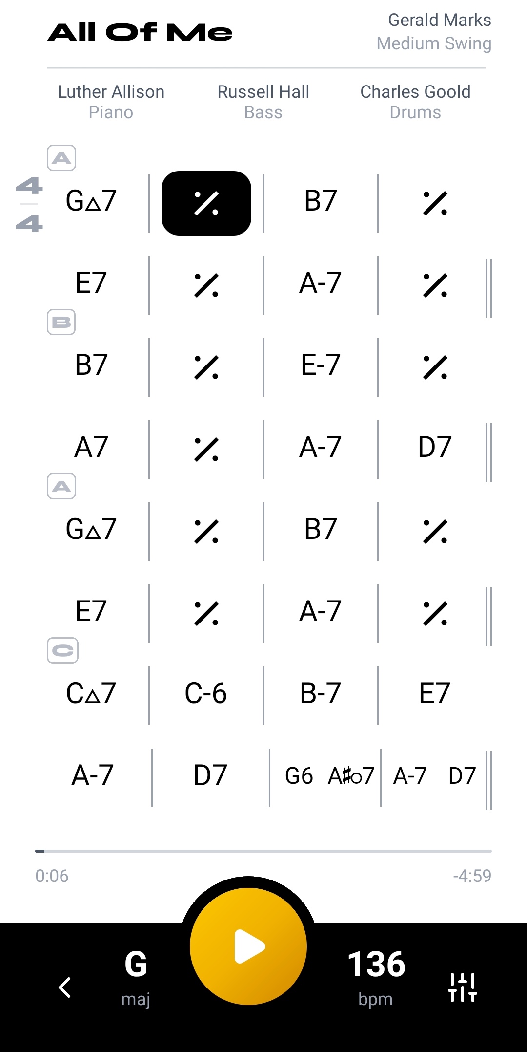 Playback screen with professional musicians