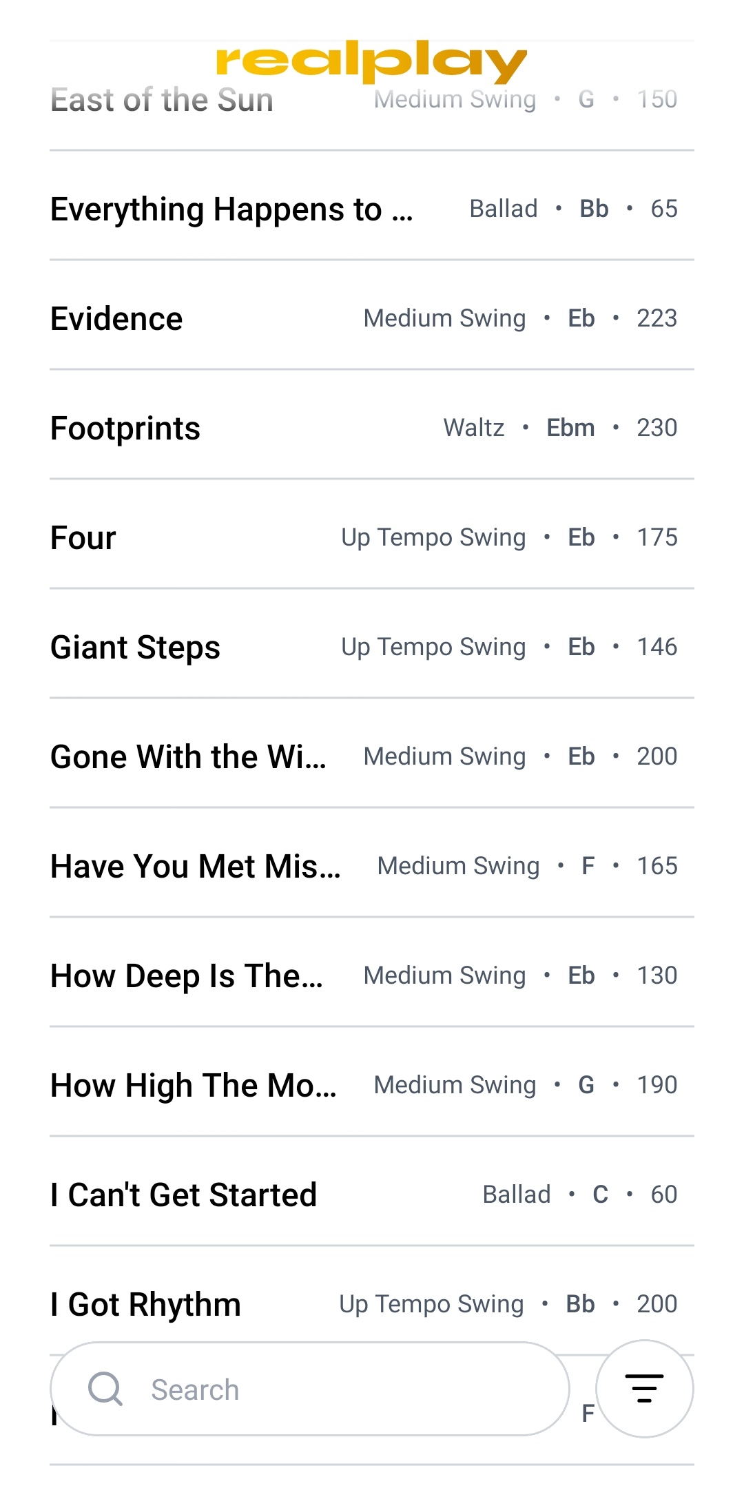 Track list showing 100+ jazz standards